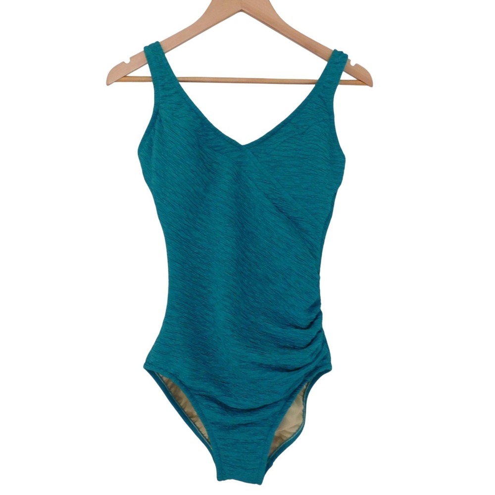 Penbrooke Krinkle Size 12‎ Teal One-Piece Swimsuit Modest Faux Wrap